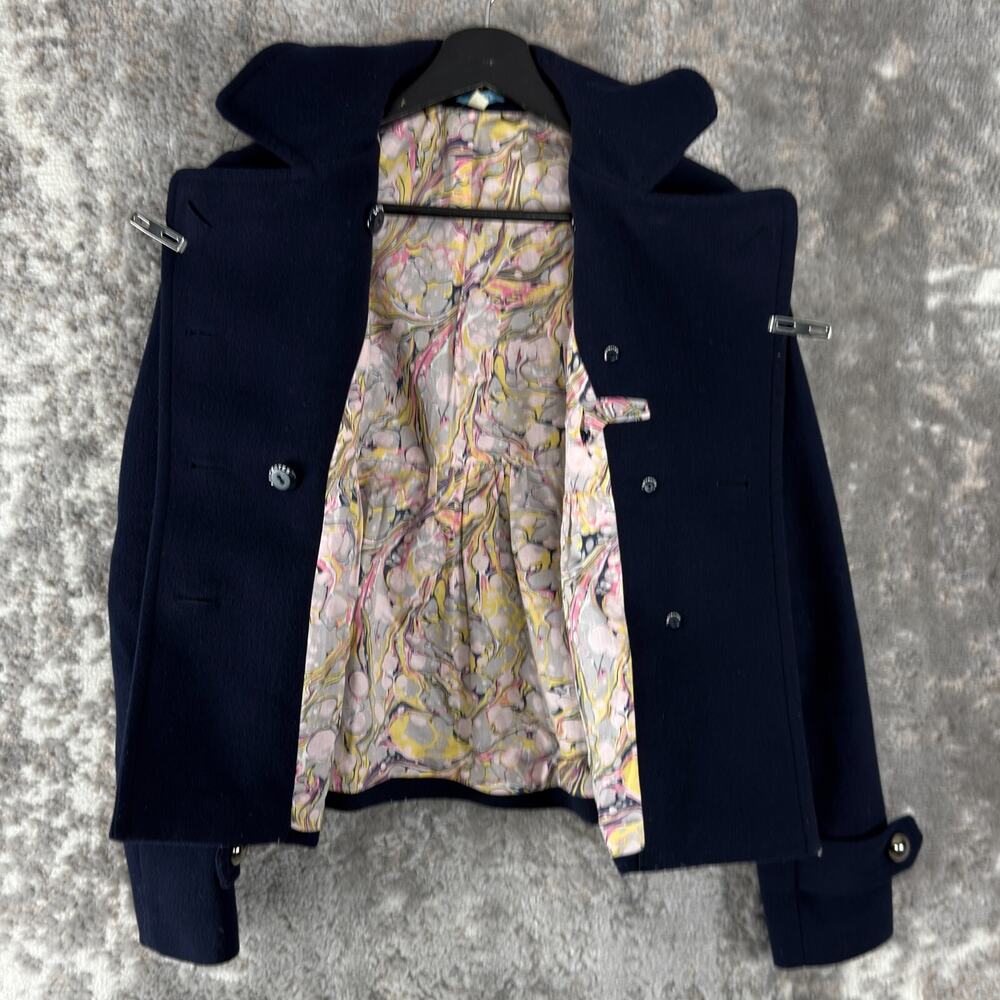 LeifNotes Size 0 Stretch Outdoor Button Pea Coat Navy Long Sleeve Lined Collar - Picture 3 of 9